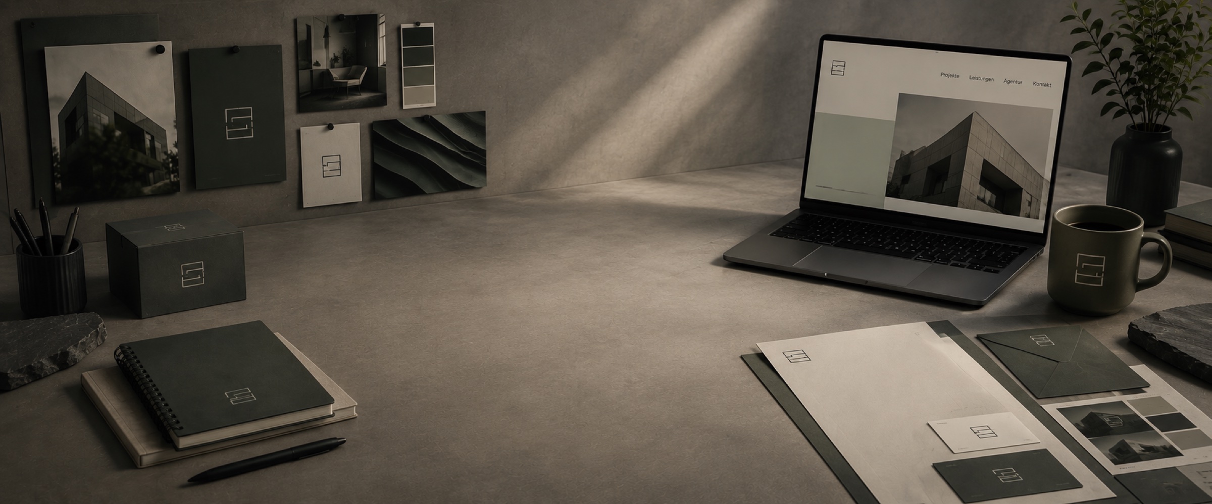 Corporate-Design-Anwendungen auf einem Schreibtisch, Laptop mit Website im Hintergrund