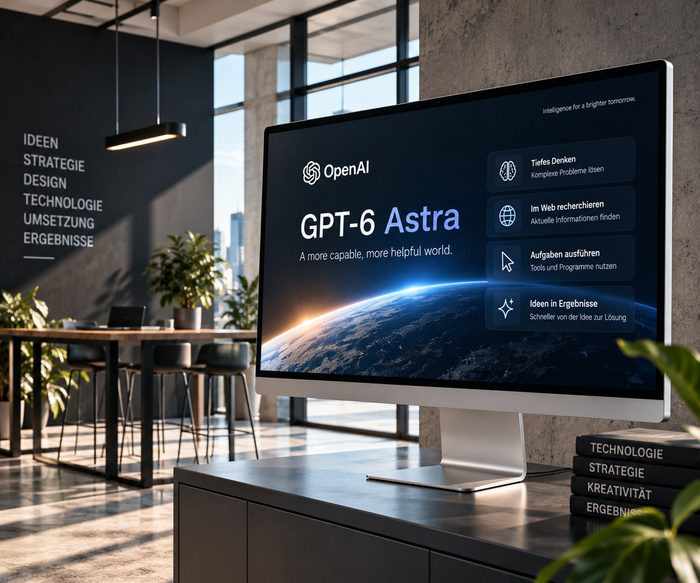 Monitor mit der Vorstellung von GPT-6 Astra in einem Büro